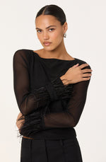 Load image into Gallery viewer, Brisa Mesh Feather Trim Top in Black
