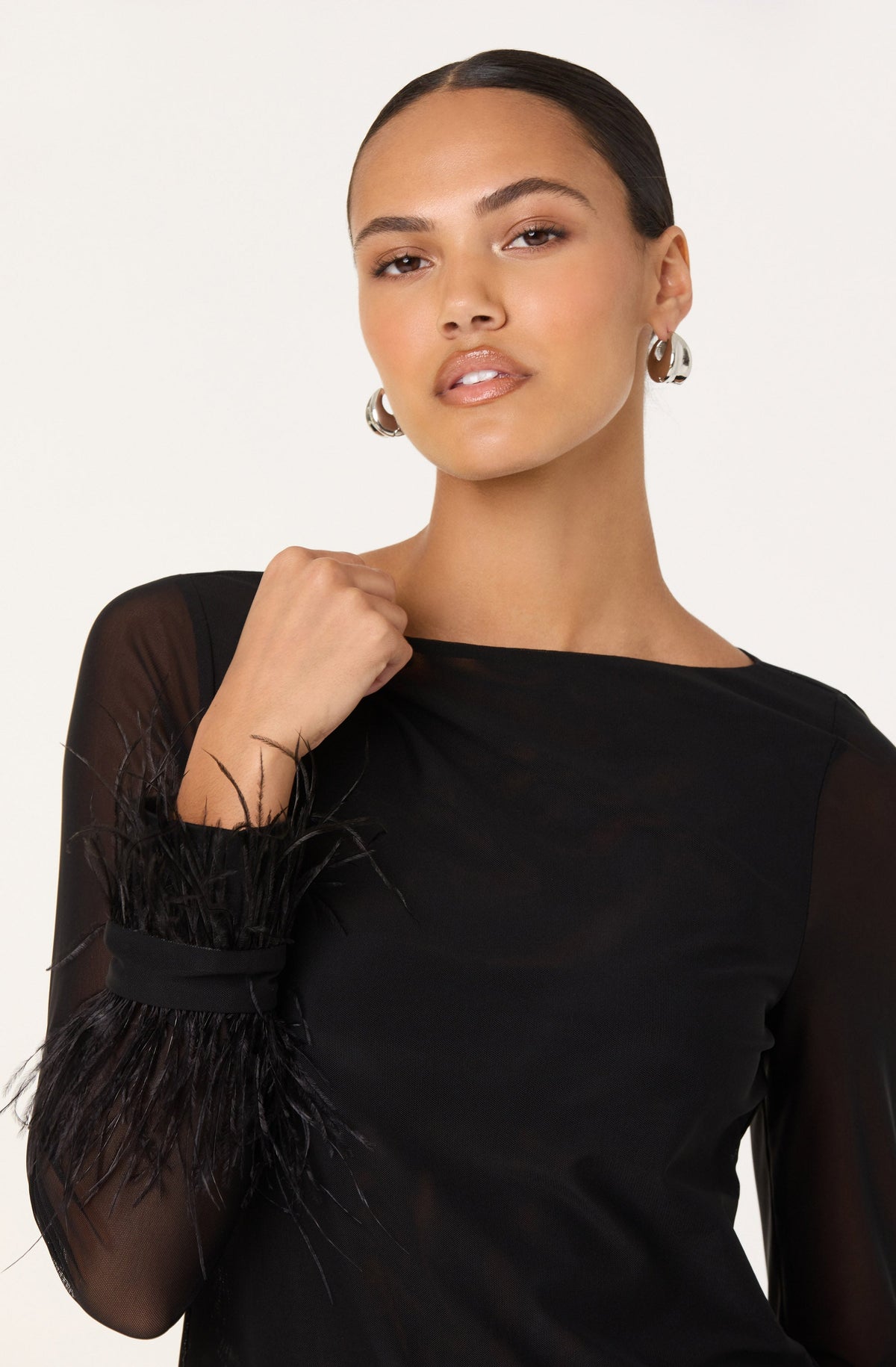 Brisa Mesh Feather Trim Top in Black