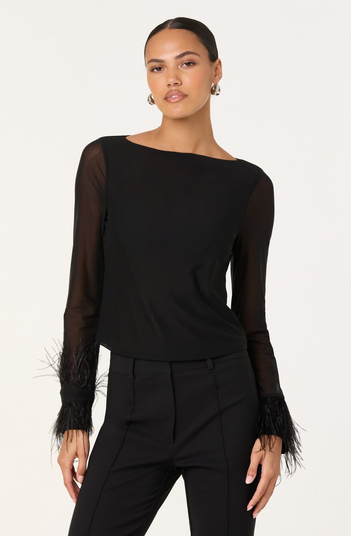 Brisa Mesh Feather Trim Top in Black
