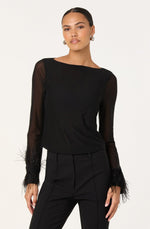 Load image into Gallery viewer, Brisa Mesh Feather Trim Top in Black
