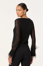 Load image into Gallery viewer, Brisa Mesh Feather Trim Top in Black
