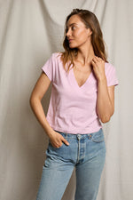 Load image into Gallery viewer, Alanis Recycled Cotton V-Neck Tee in Sugar Pink
