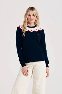 Hearty Crew Cashmere Sweater in Grey/ Hot Pink