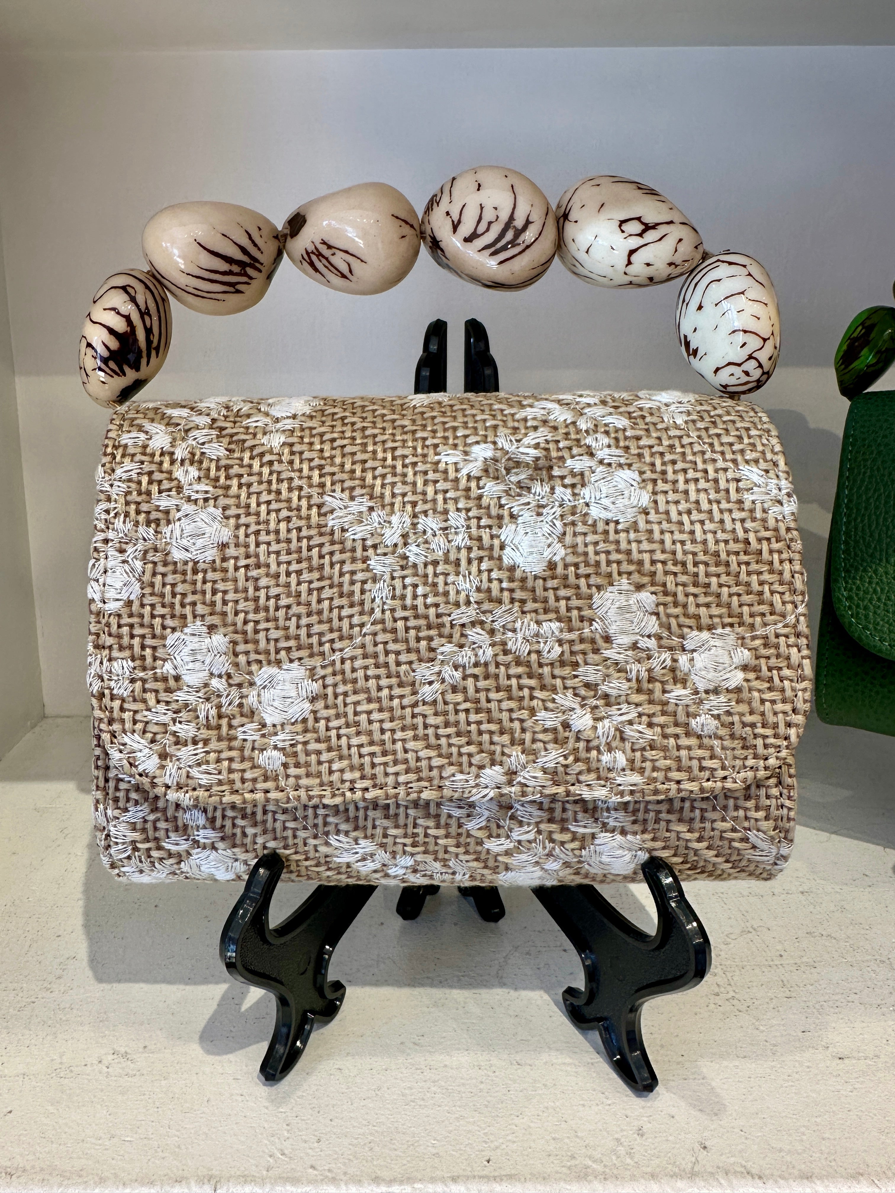 The Nica Rattan Clutch in Cream Flowers