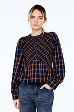 Load image into Gallery viewer, Plaid Smocked Long Sleeve Top in Navy/Brown Multi

