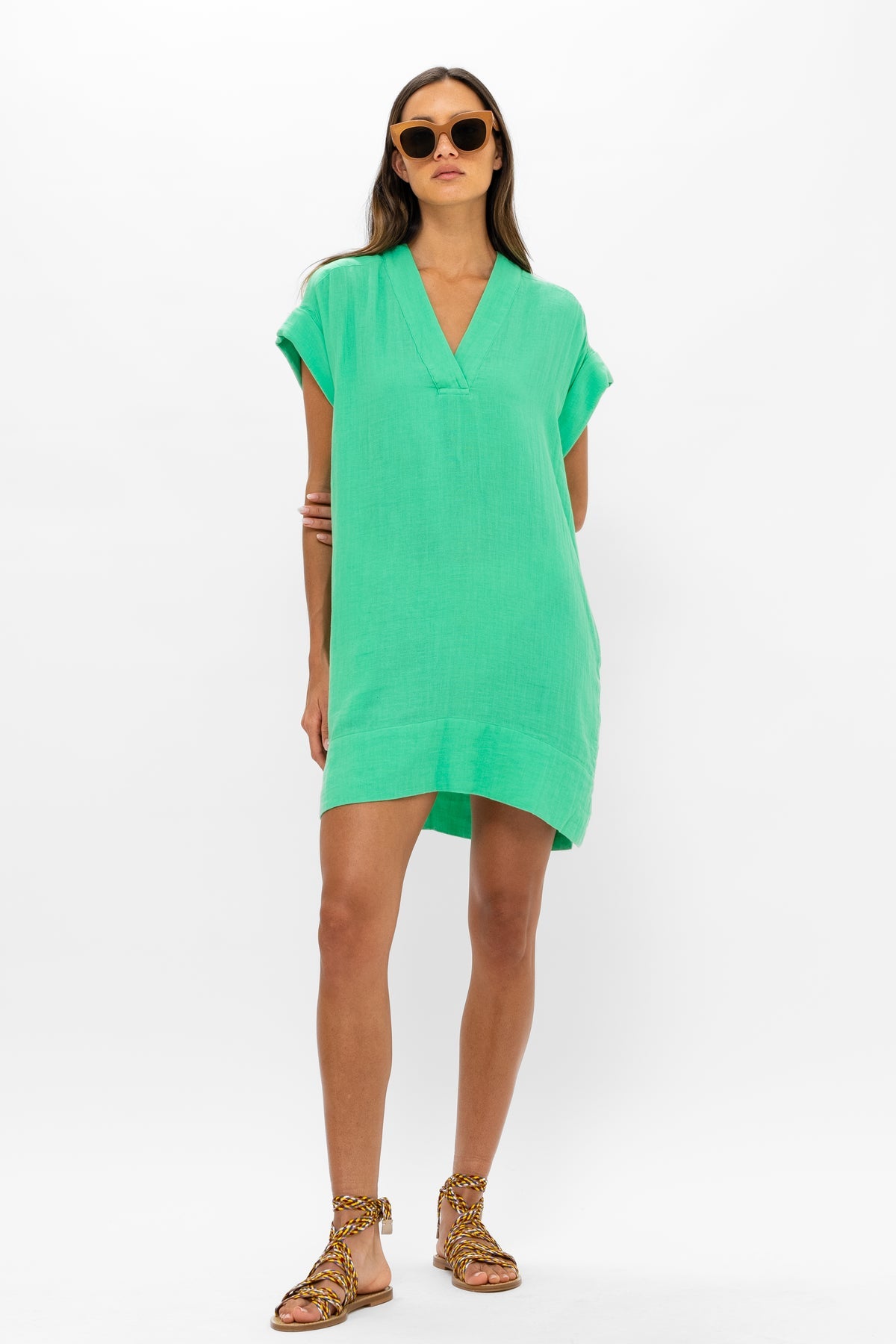 V-Neck Roll Sleeve Mini Dress in Bahama Green