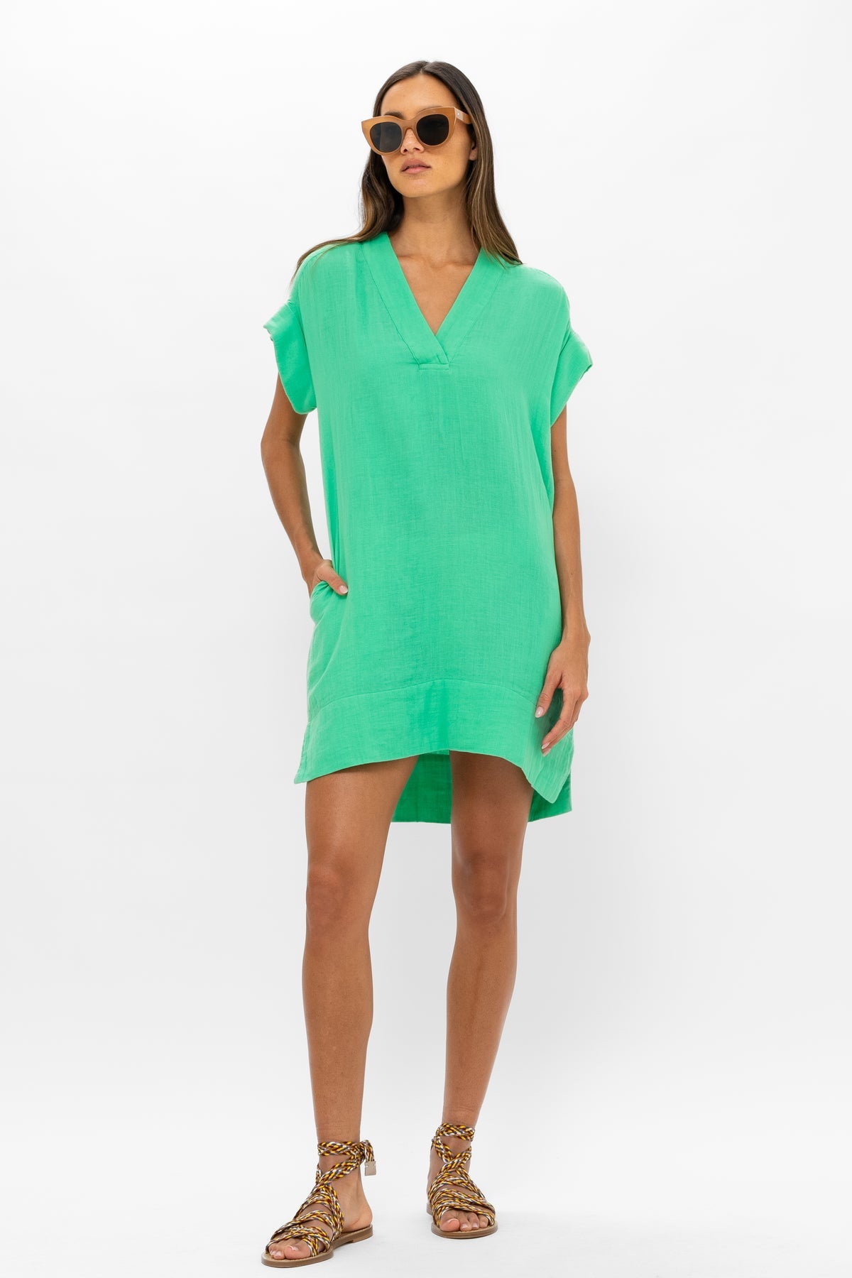 V-Neck Roll Sleeve Mini Dress in Bahama Green