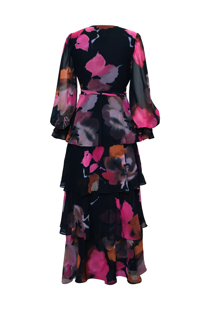Bardot Wrap Dress in Black Romantic Watercolor