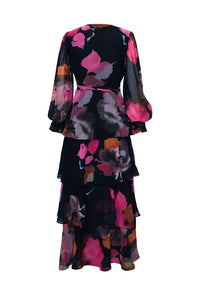 Bardot Wrap Dress in Black Romantic Watercolor