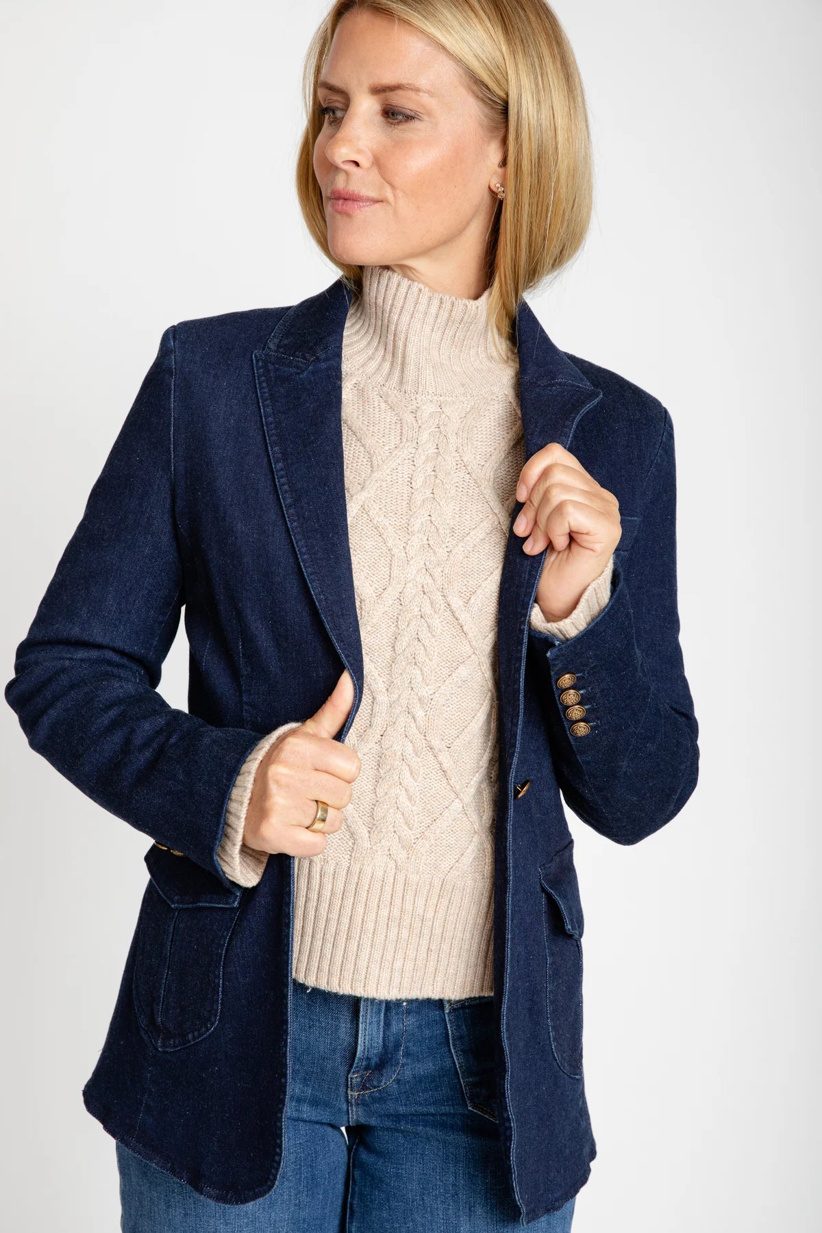 Dark denim blazer deals