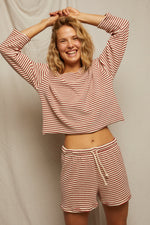 Load image into Gallery viewer, Cami Loop Terry Stripe Long Sleeve in Poppy/Chocolate Stripe
