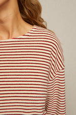 Load image into Gallery viewer, Cami Loop Terry Stripe Long Sleeve in Poppy/Chocolate Stripe
