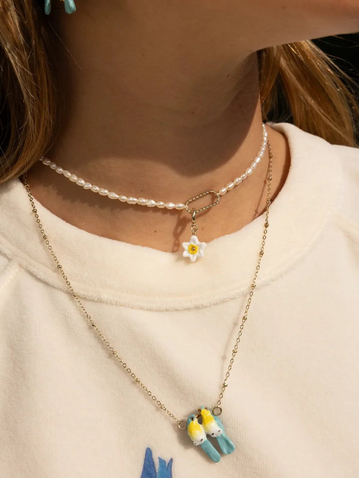 Blue Warbler Birds in Love Necklace