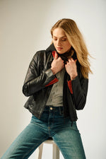 Load image into Gallery viewer, Christyn Removable Hood Star Detail Leather Jacket in Black
