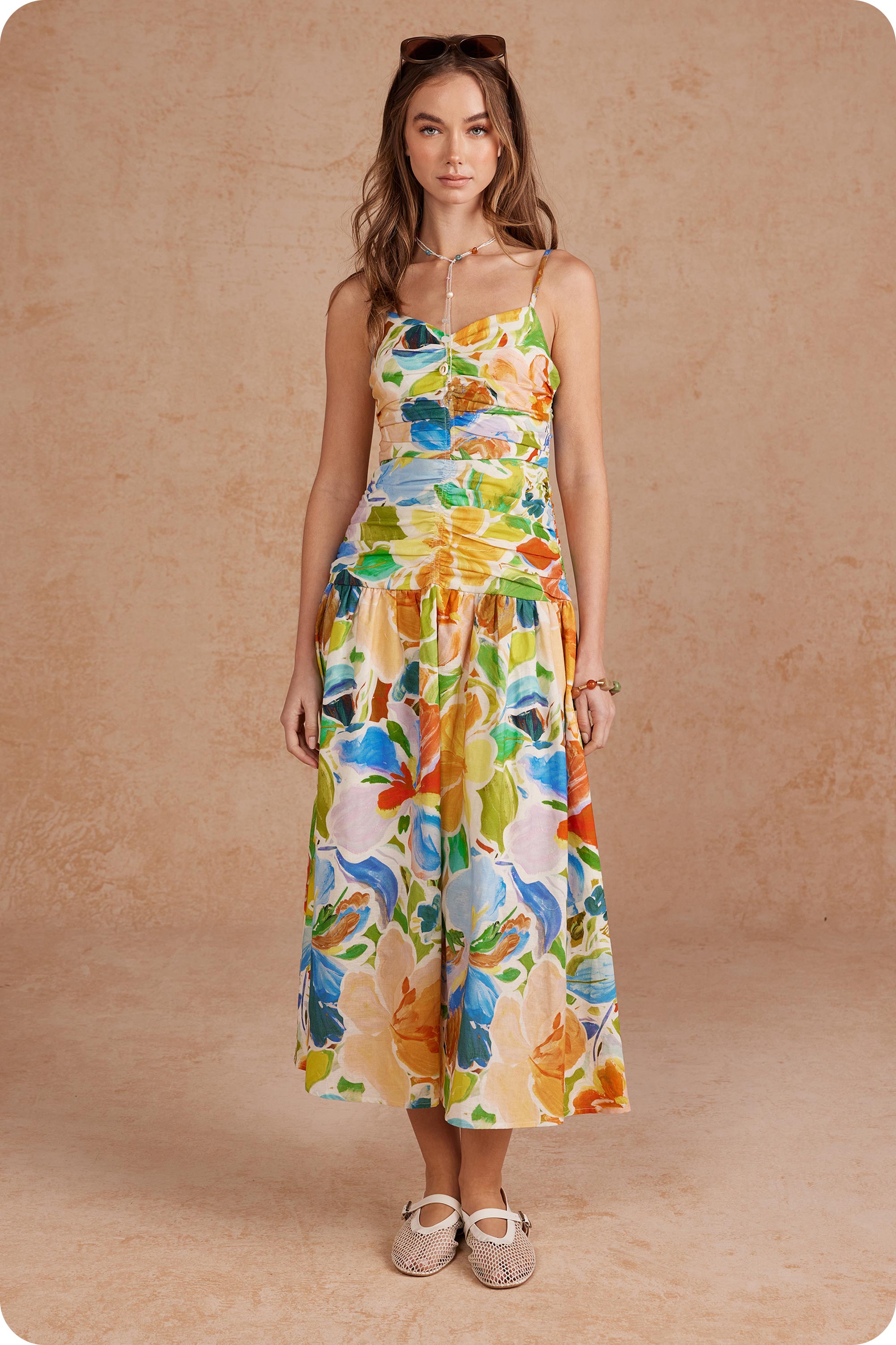 Floral Print Shirred Sleeveless Long Dress in Green Multi