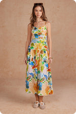 Load image into Gallery viewer, Floral Print Shirred Sleeveless Long Dress in Green Multi
