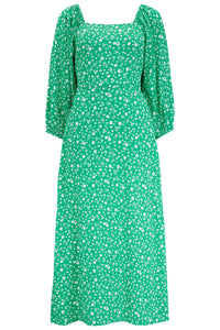 Catherine Shirred Midi Dress in Green Scatter Print