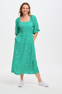 Catherine Shirred Midi Dress in Green Scatter Print