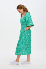 Load image into Gallery viewer, Catherine Shirred Midi Dress in Green Scatter Print
