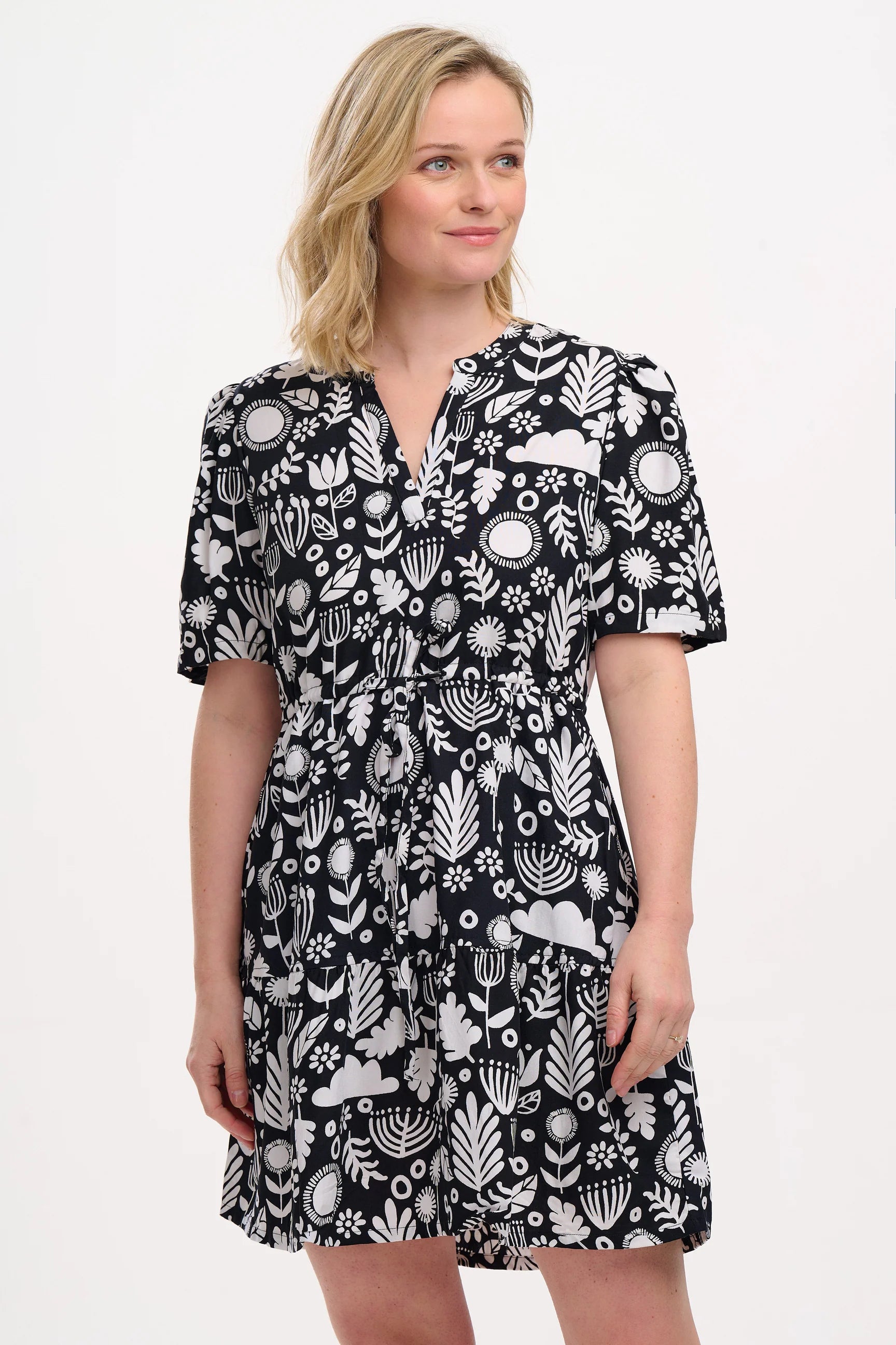 Sabine Mini Shirt Dress in Monochrome Folk Floral