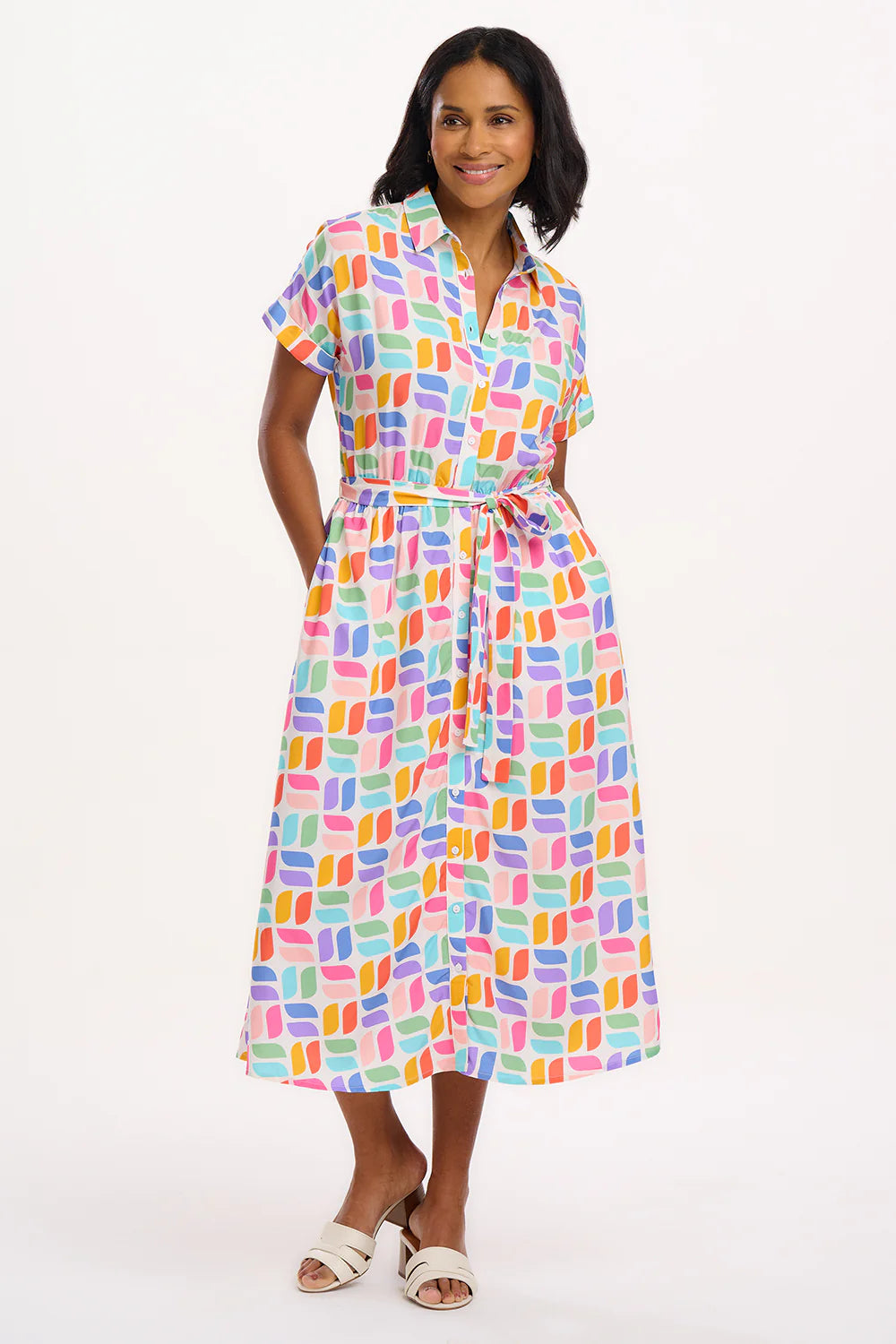 Leigh Midi Shirt Dress in Off White Curved Geometric