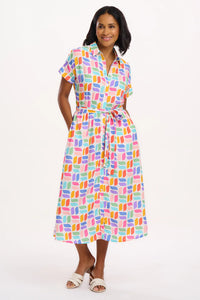 Leigh Midi Shirt Dress in Off White Curved Geometric