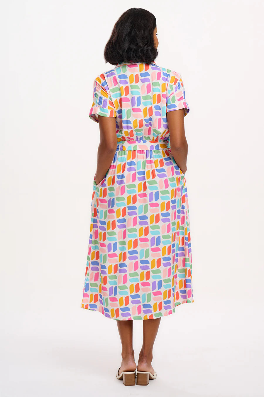 Leigh Midi Shirt Dress in Off White Curved Geometric