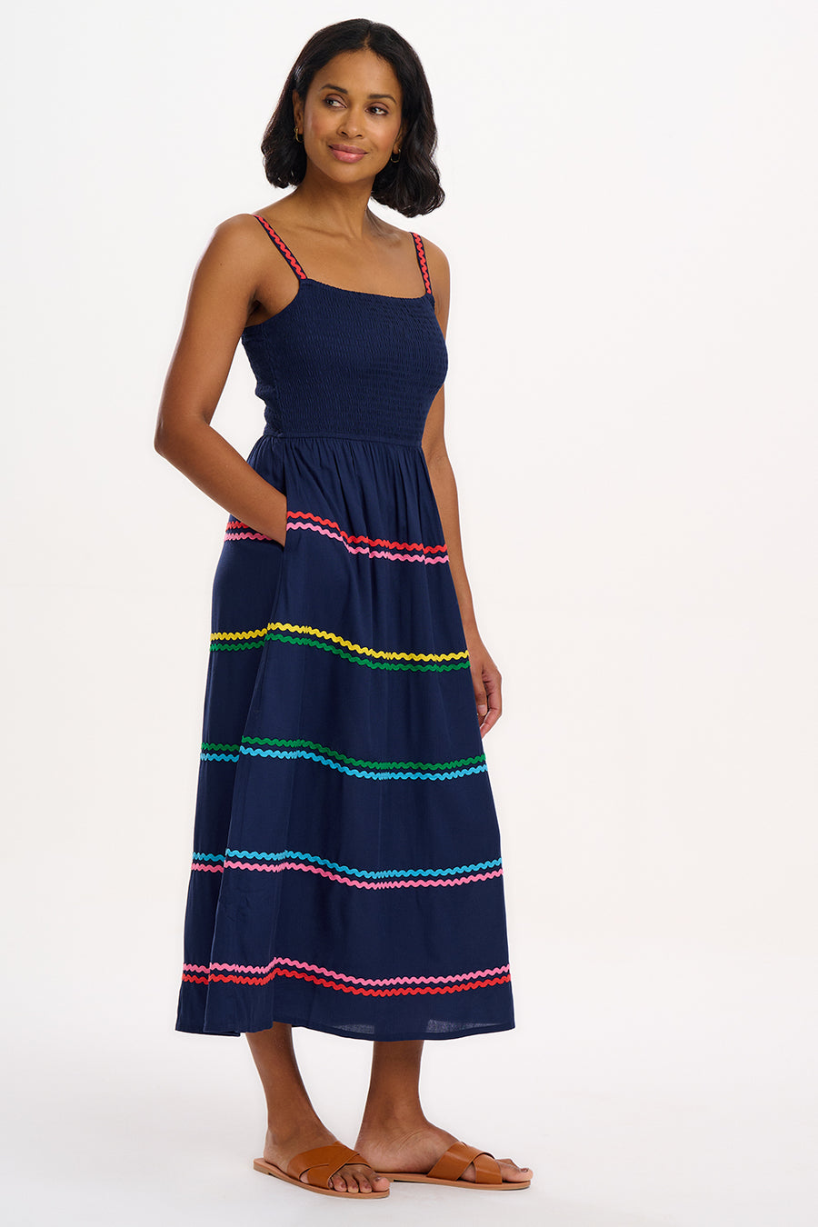 Penrose Shirred Sundress in Navy Ric Rac