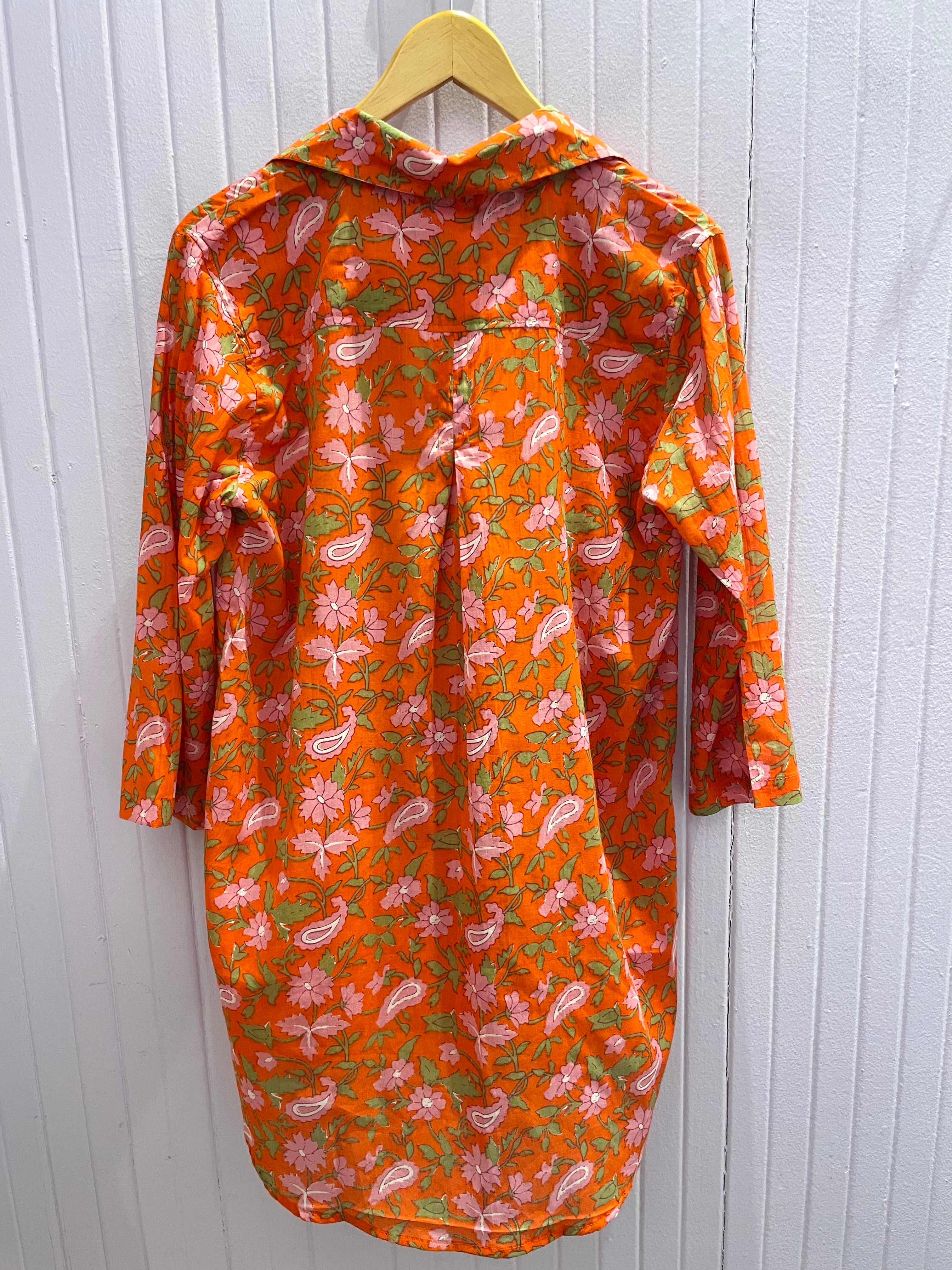Nina Button Down Floral Tunic/Cover Up in Orange