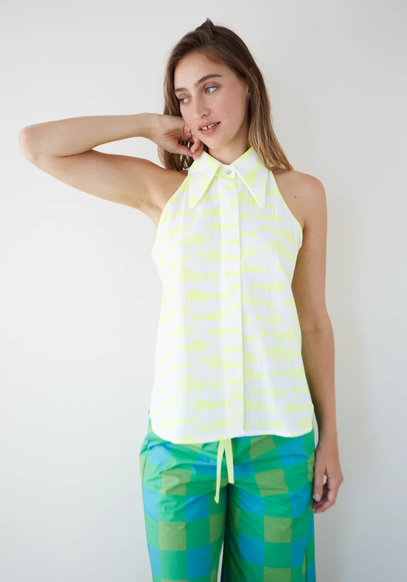 Sleeveless Fish Shirt in White/Yellow