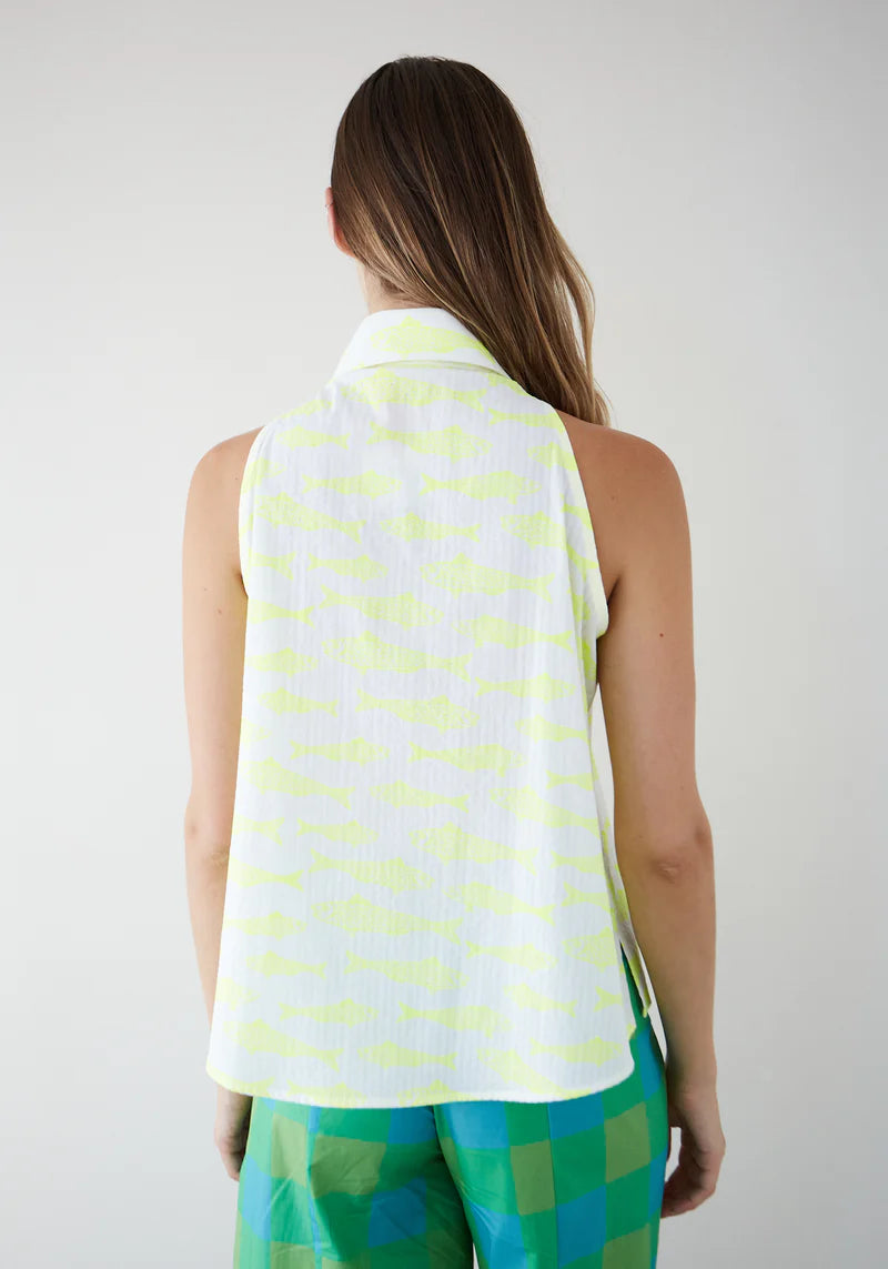 Sleeveless Fish Shirt in White/Yellow