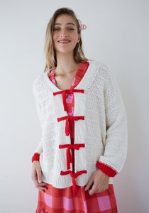 Tramontana Cardigan Sweater in Ivory/Red