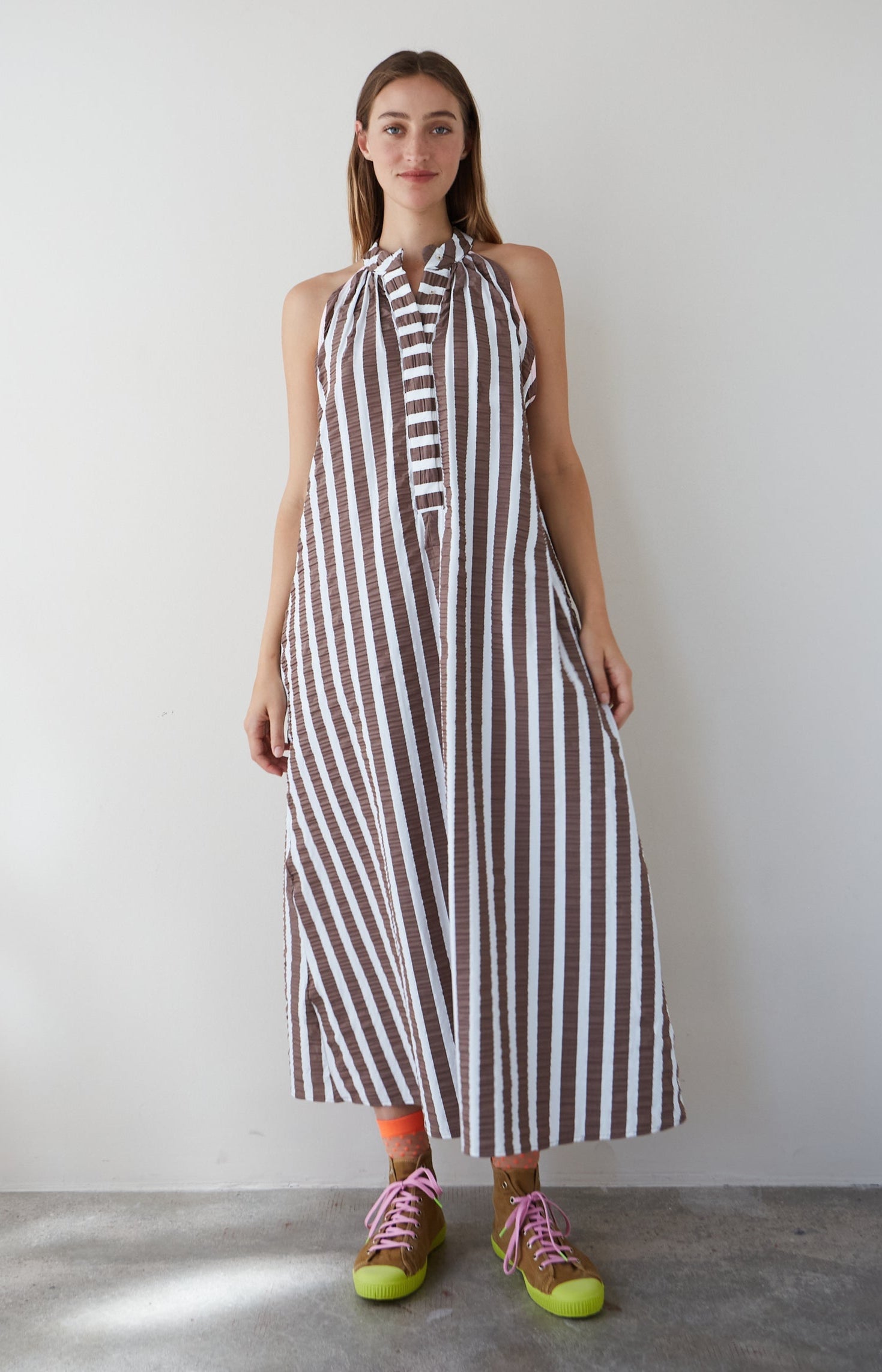Morena Midi Dress in Brown/White Stripe