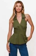 Load image into Gallery viewer, Colbie Halter Neck Twist Top in Olive
