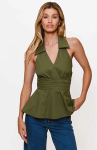 Colbie Halter Neck Twist Top in Olive