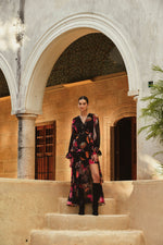 Load image into Gallery viewer, Bardot Wrap Dress in Black Romantic Watercolor
