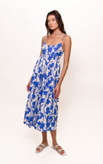 Load image into Gallery viewer, Brixton Smocked Back Midi in Navy Condensed Dramatic Outline Floral
