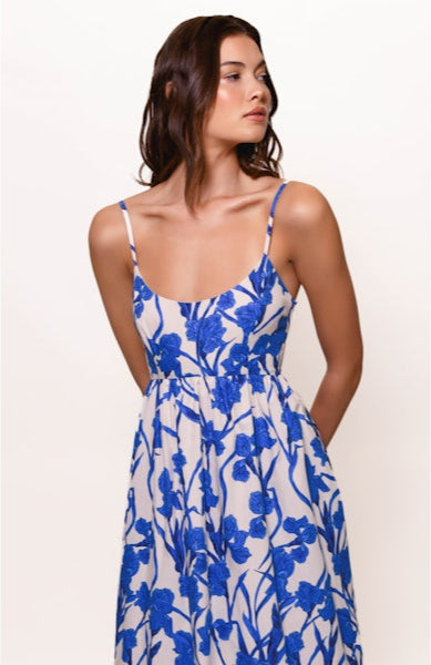 Brixton Smocked Back Midi in Navy Condensed Dramatic Outline Floral