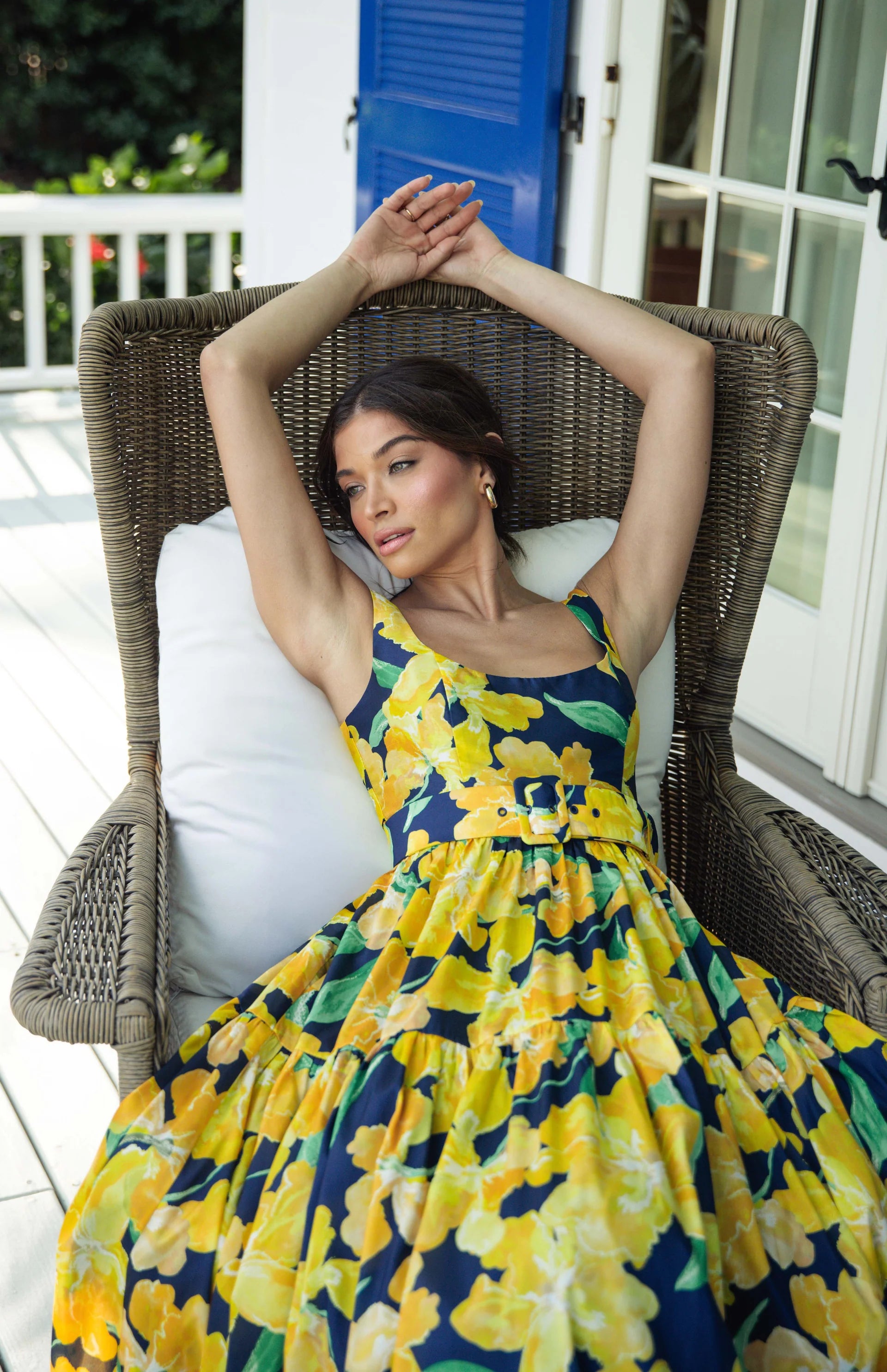 Alice Belted Tiered Maxi in Navy Watercolor Pastel Orchids