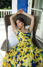 Load image into Gallery viewer, Alice Belted Tiered Maxi in Navy Watercolor Pastel Orchids
