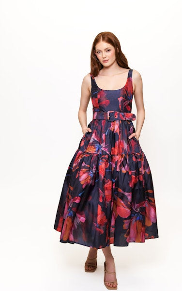 Alice Maxi Dress in Navy Multi Breezy Watercolor Blooms