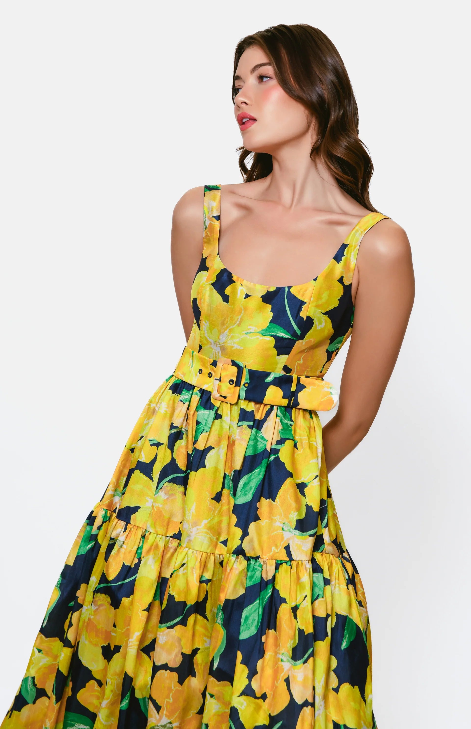 Alice Belted Tiered Maxi in Navy Watercolor Pastel Orchids
