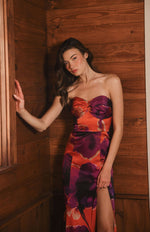 Load image into Gallery viewer, Bristol Strapless Midi Dress in Rust Ink Blot Floral
