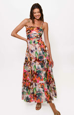 Load image into Gallery viewer, Bethy Ruched Bodice Tiered Maxi in Blush Messy Rainbow Watercolor Floral
