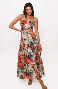 Bethy Ruched Bodice Tiered Maxi in Blush Messy Rainbow Watercolor Floral