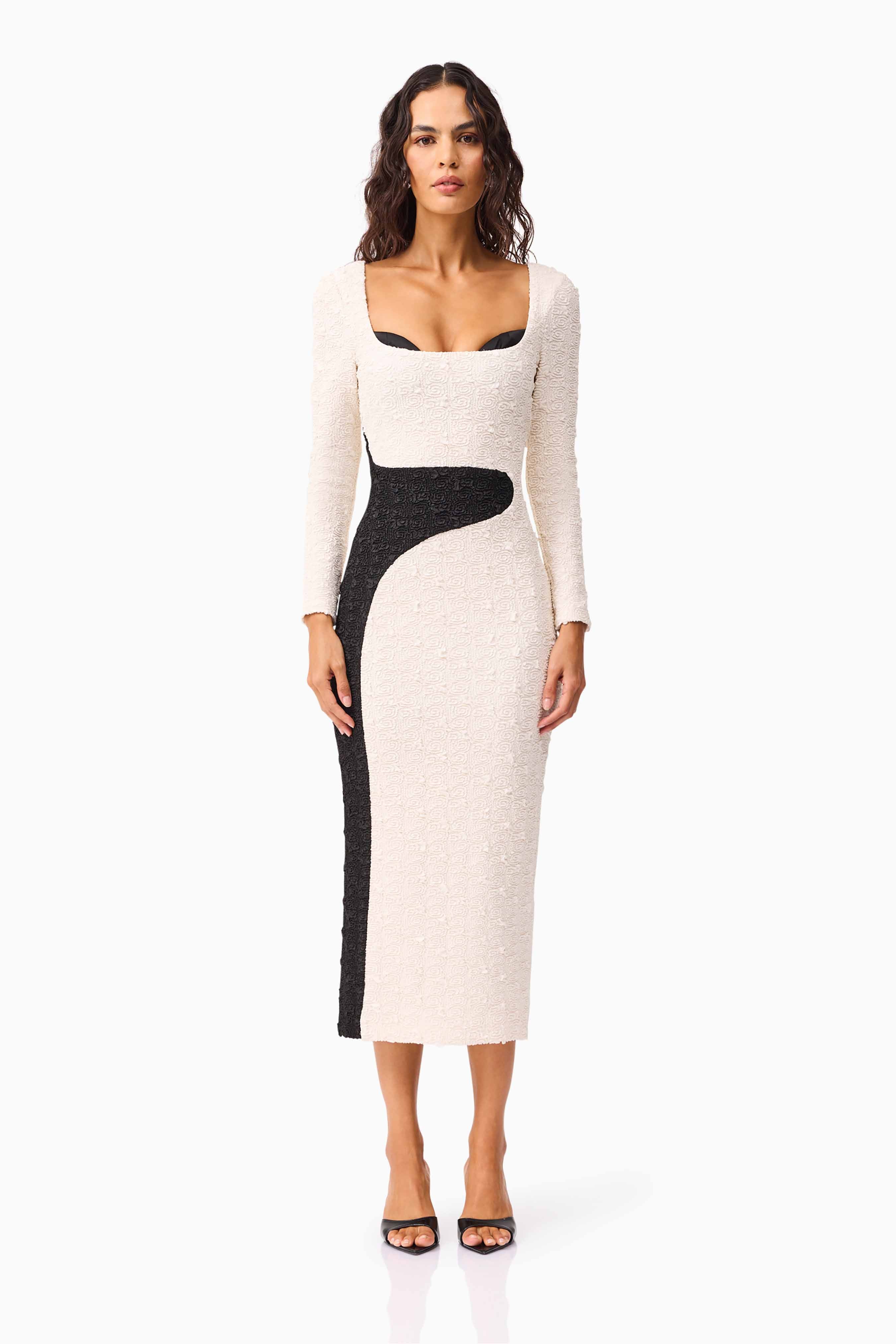 black and white long sleeve midi dress Tweed Mock Neck, Marissa Midi Dress in White/Black, Size XS, For Office