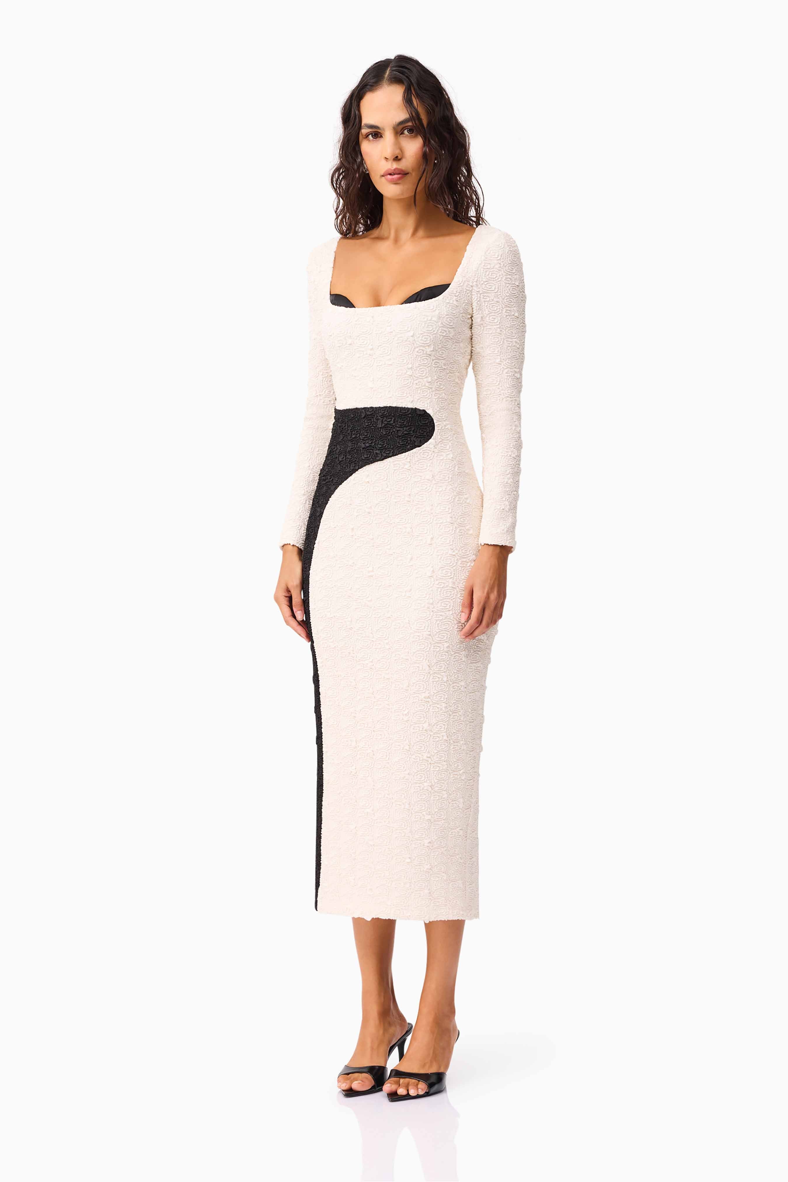 Paloma Long Sleeve Midi Dress in Black and White
