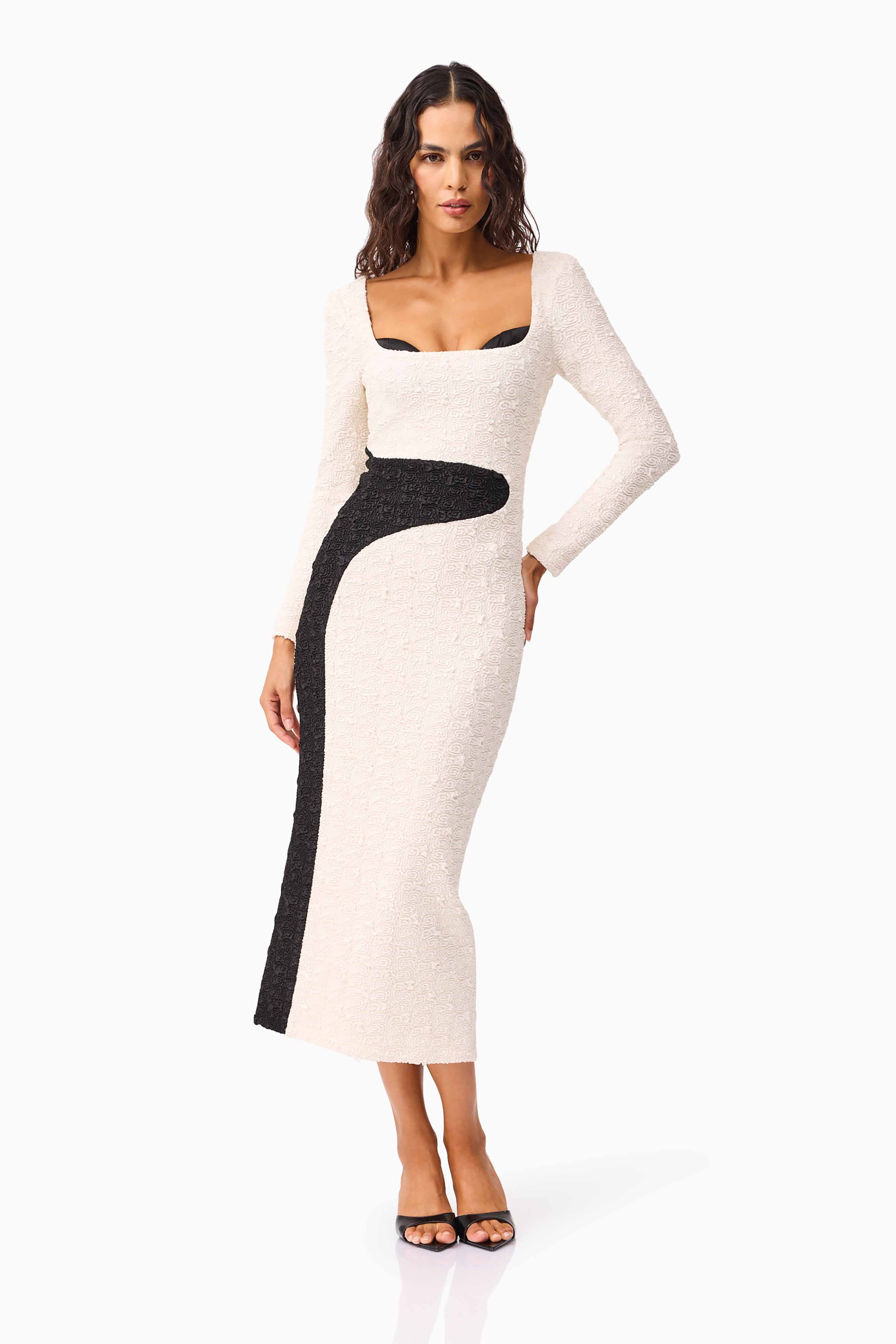 Paloma Long Sleeve Midi Dress in Black and White