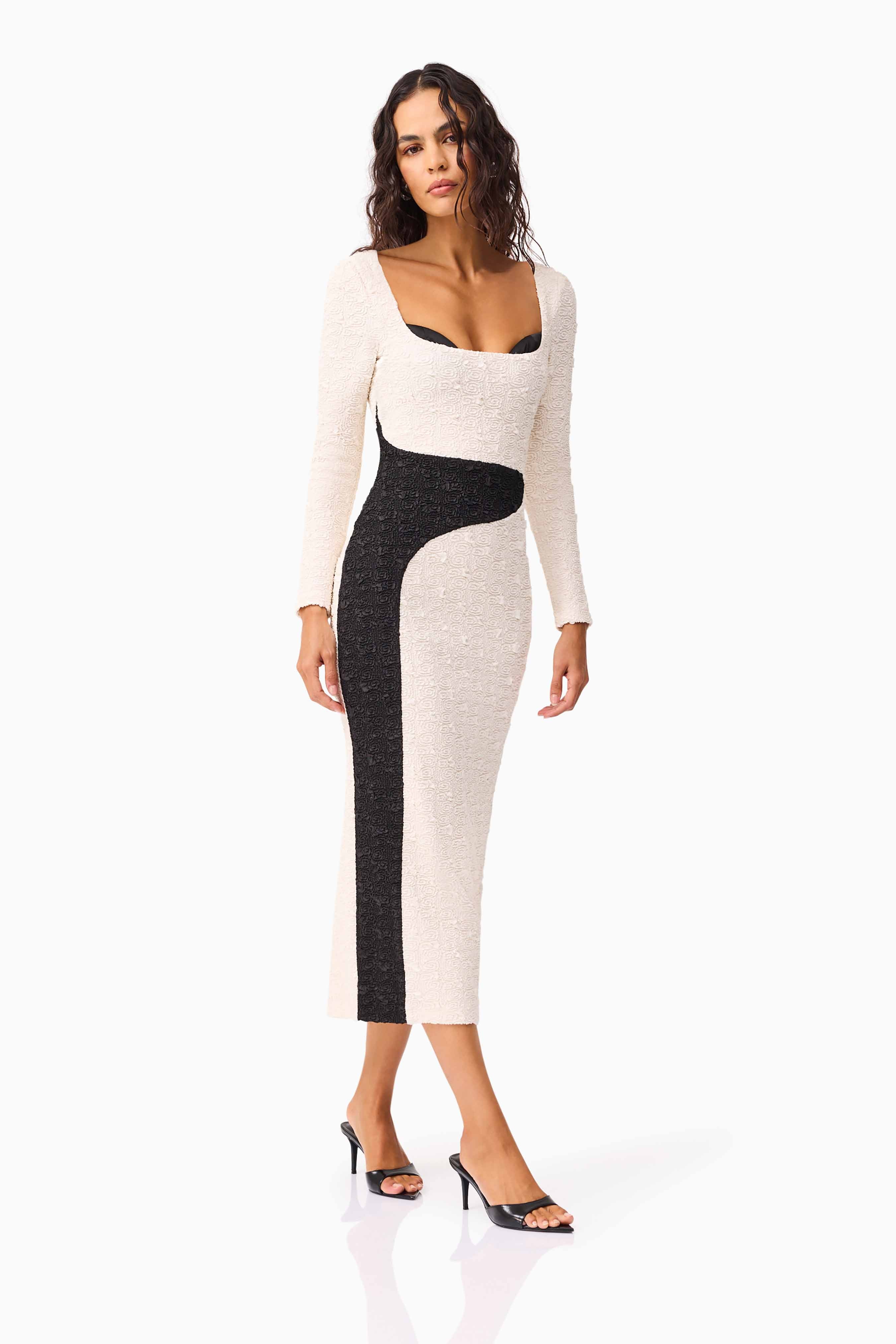 Paloma Long Sleeve Midi Dress in Black and White