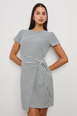 Load image into Gallery viewer, Edie Dress in Ivory Navy Micro Stripe
